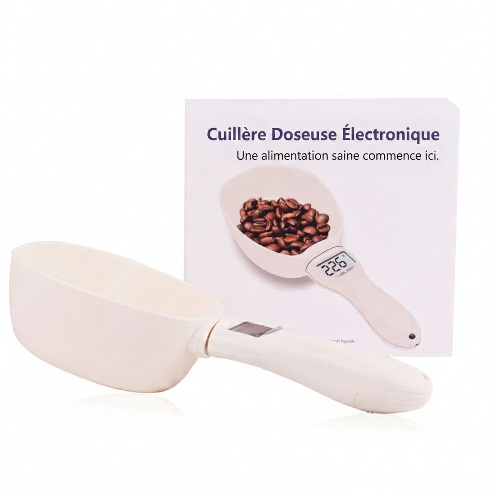 Cuillère doseuse digitale pour nourriture de chat - L'Atelier du Minou - Mesure précise des portions de croquettes.
