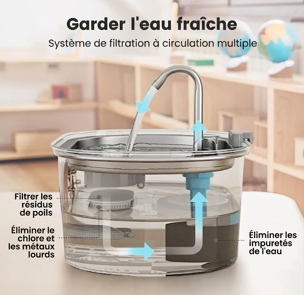 Fontaine à eau chat acier inoxydable — pompe silencieuse, idéale pour chats sensibles, L'Atelier du Minou